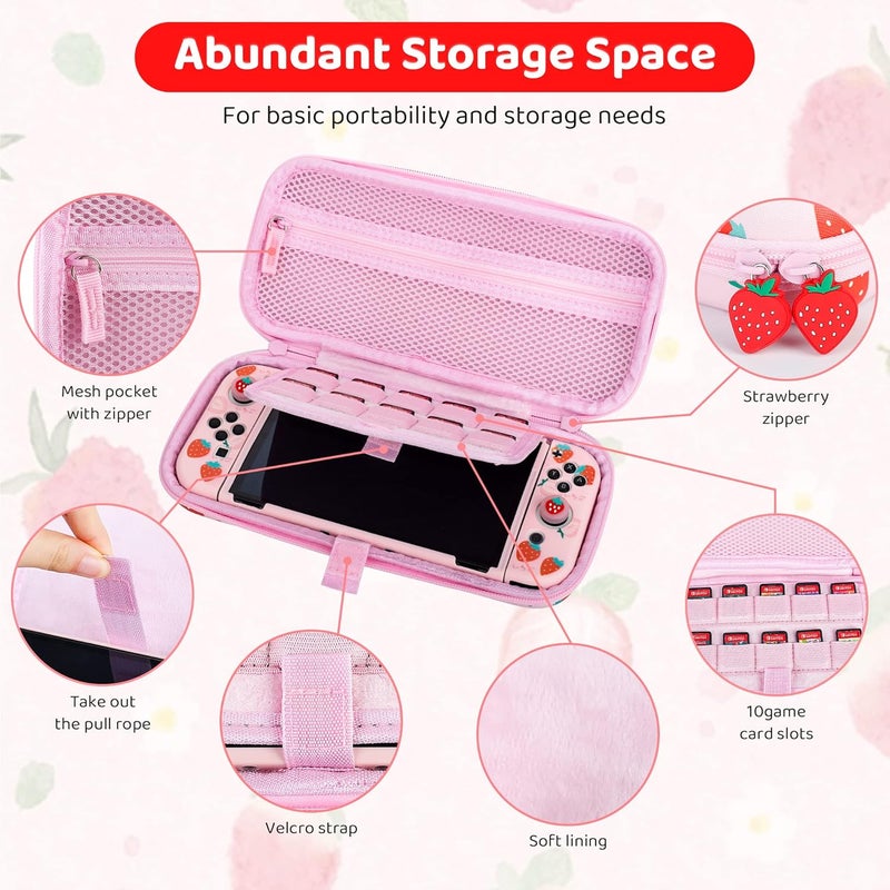 F'DIARY Pink Strawberry Travel Carrying Case for Nintendo Switch OLED, Portable Accessories Kit with Shouckproof Storage Bag, Soft TPU Protective Case, Screen Protector, Shoulder Strap & 2 Thumb Caps - Image 2